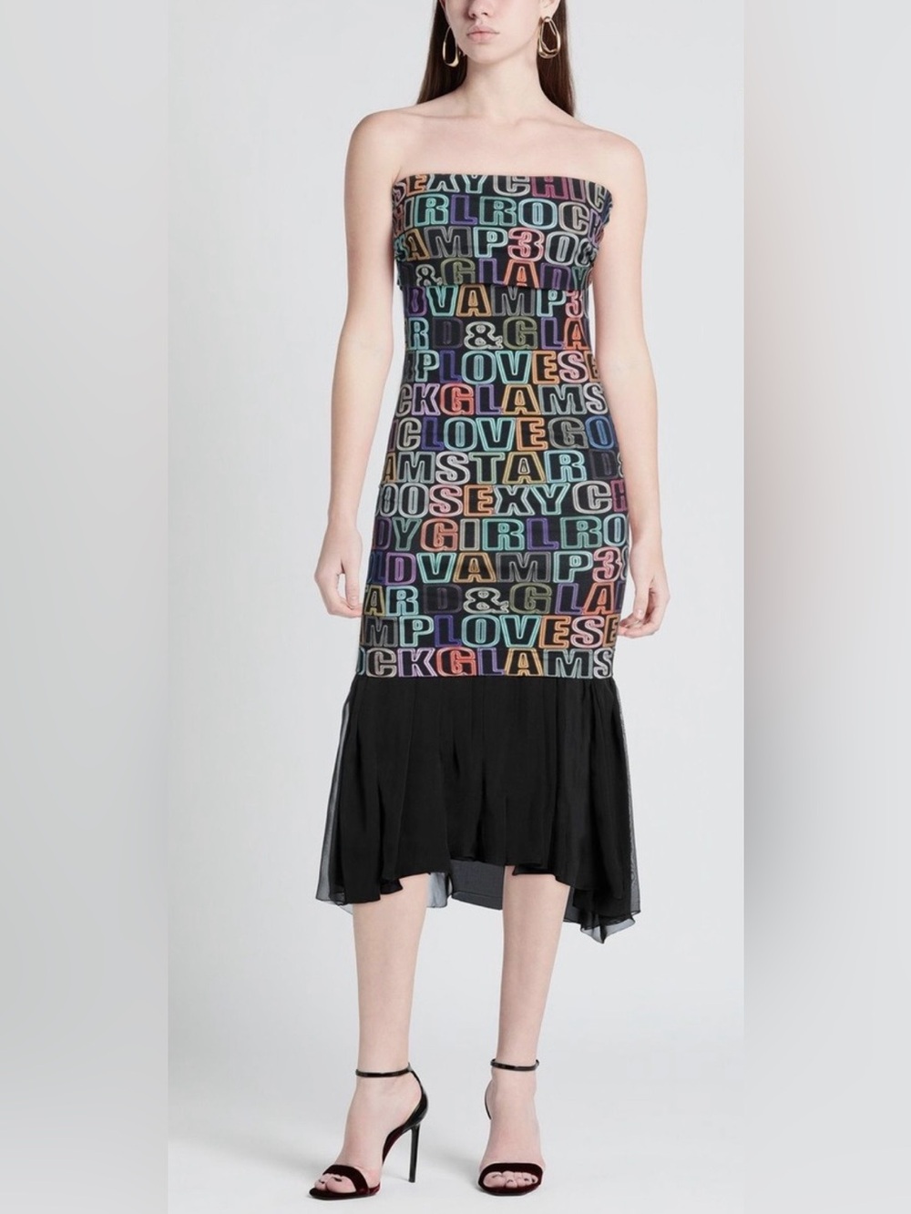 D&G Dolce & Gabbana Strapless Black Multi-Color Letterprint Midi Dress